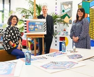 Left to right: Camille Walala, artist and designer; Tim Marlow, chief executive of the Design Museum; Natasha Curtin, global vice president of Bombay Sapphire.  Image courtesy of Bombay Sapphire