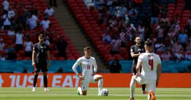 England’s Mason Mount and Declan Rice take the knee before kick-off at Wembley. Photograph: Tom Jenkins/The Guardian