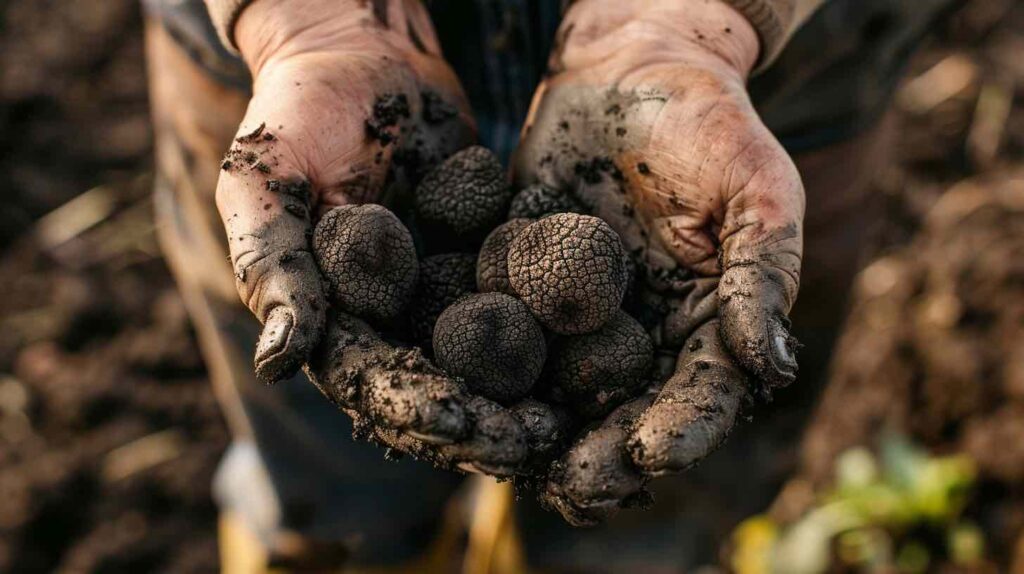 the dirty hands of a farmer, holding black truffles --ar 16:9 Job ID: d6412ed3-1b94-4d06-af04-4a0382ae8f6c